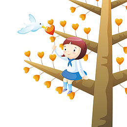 坐在树上与小鸟玩耍