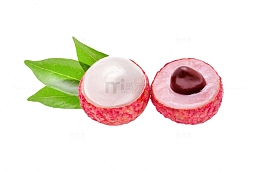 红色剥开见核仁带叶的荔枝实物