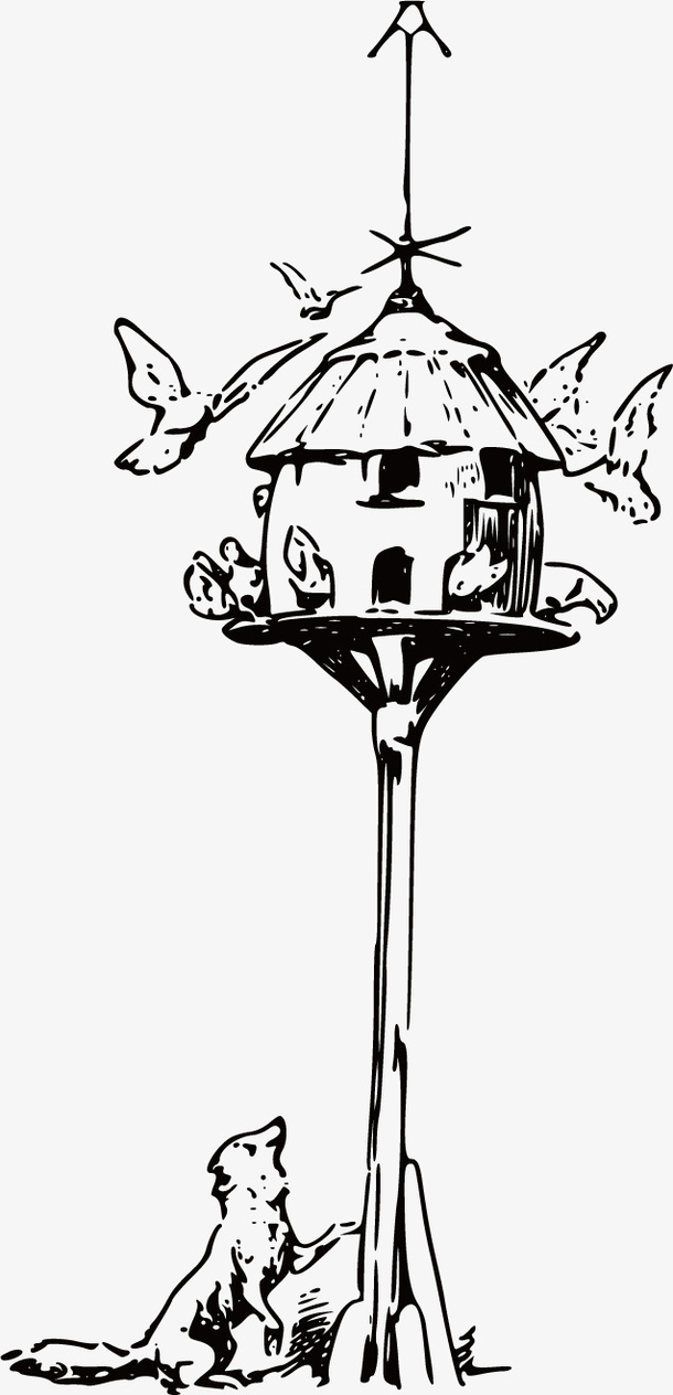 黑白手绘植物草屋素材