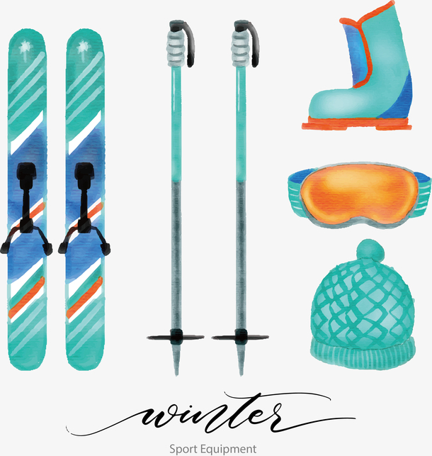 水彩手绘绿色滑雪装备