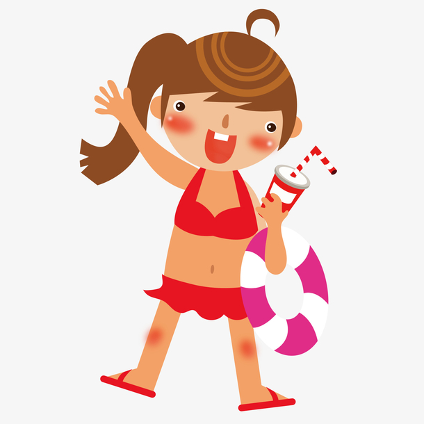 卡通风格夏天沙滩游泳