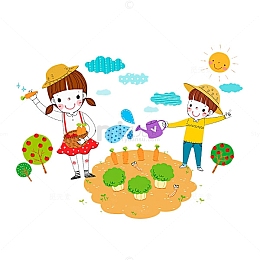 卡通插画男孩女孩种地浇水