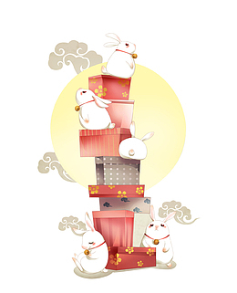 卡通手绘月兔礼盒插画