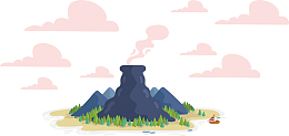 卡通粉红色的云朵和火山矢量图