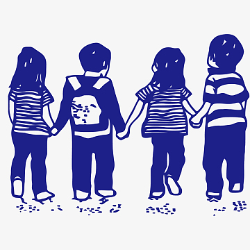 手绘蓝色四个孩子背影