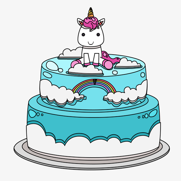 卡通独角兽生日蛋糕矢量