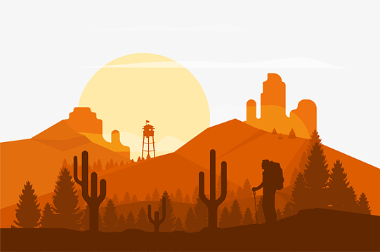 金色沙漠徒步旅行者剪影矢量图