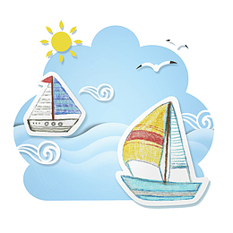 海浪和帆船卡通插画