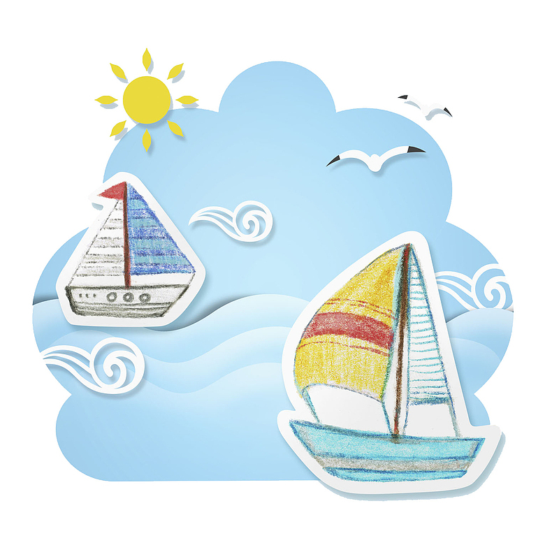 海浪和帆船卡通插画