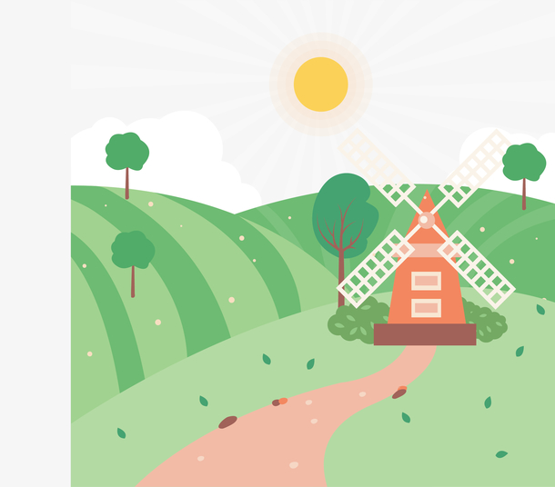 风车景色卡通插画