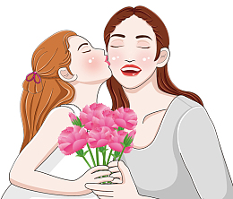母亲节插画女孩亲吻妈妈给妈妈送