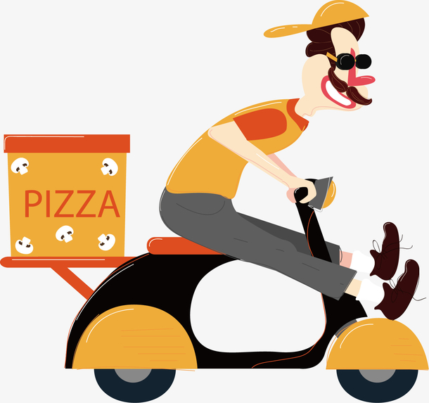 矢量图努力送外卖的小哥aipng卡通黄色披萨送餐车pngaipng披萨外卖