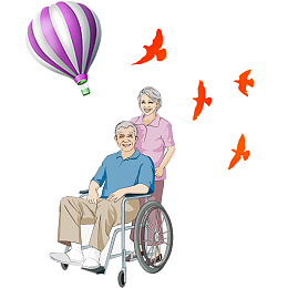 卡通坐在轮椅上散心的老年人