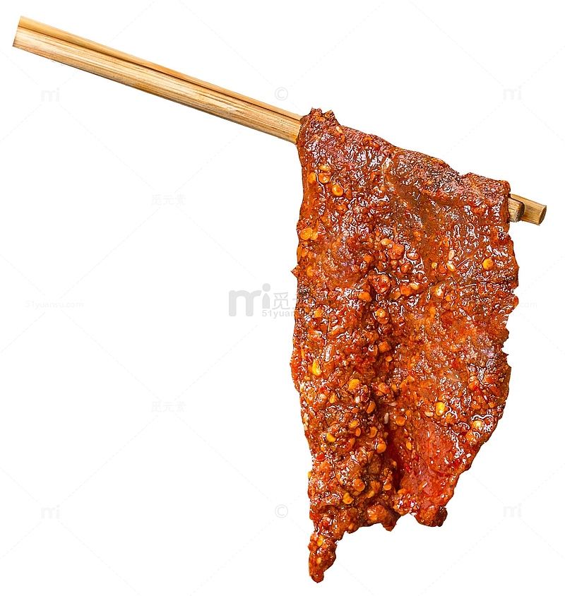 实物筷子夹着一片麻辣牛肉