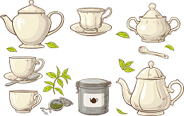 矢量白色茶杯和绿色茶叶