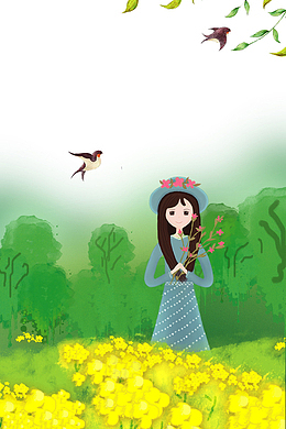 绿色手绘春游踏青少女插画免抠