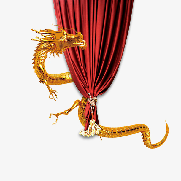 免抠金色的龙缠绕红色的门帘