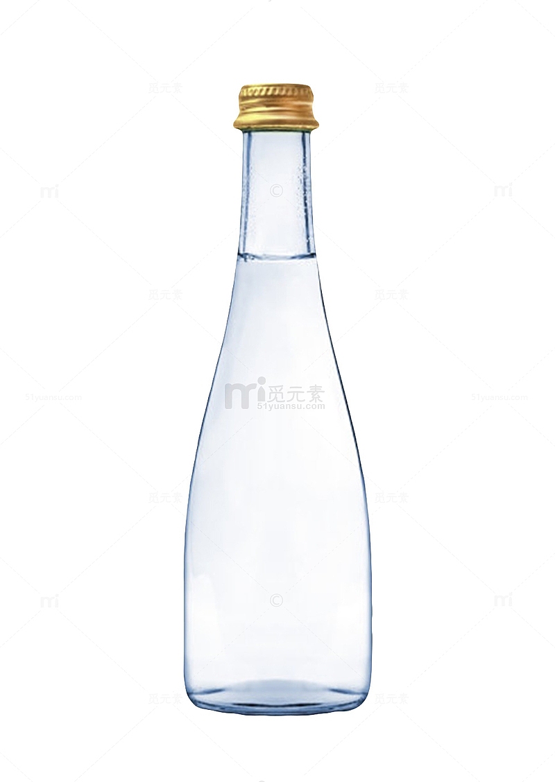 透明解渴窄口金色盖子的一瓶饮料