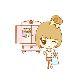 卡通站衣橱前拿着衣服的女孩素材