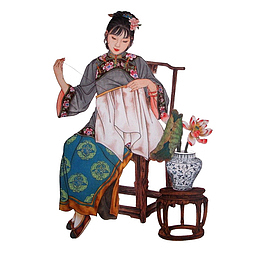 手绘工笔清装红楼梦人物袭人绣花