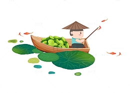 清新手绘小暑小船采莲主题插画