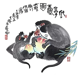 中国风水墨两只猴子抱桃插画免抠