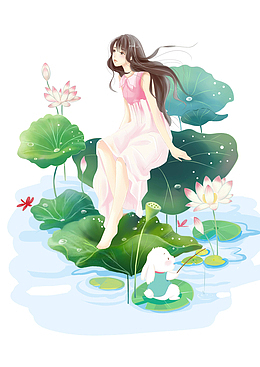 坐在荷叶上的少女