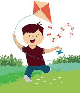 春天草地上放风筝的男孩