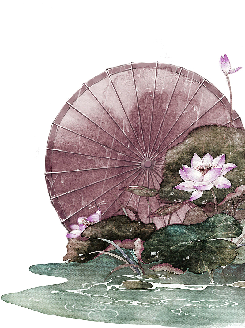 褐色中国风花朵雨伞装饰图案