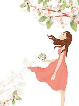免抠卡通手绘树下拿着花朵的女孩