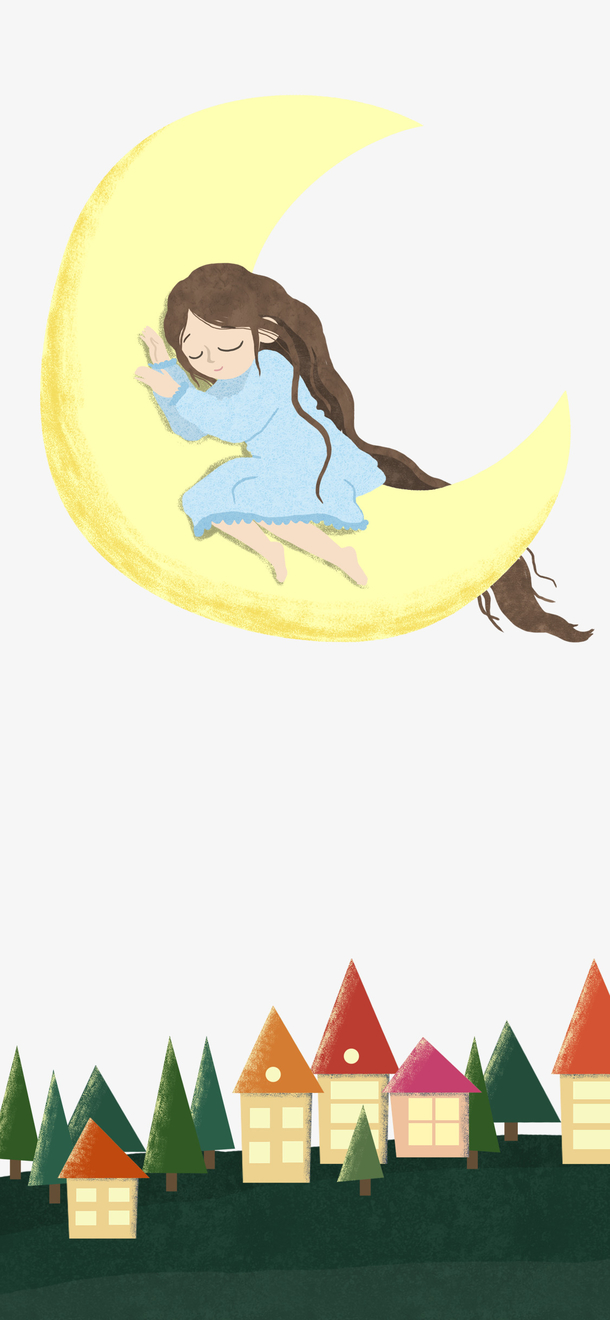 免抠卡通手绘在月亮上睡觉的女孩