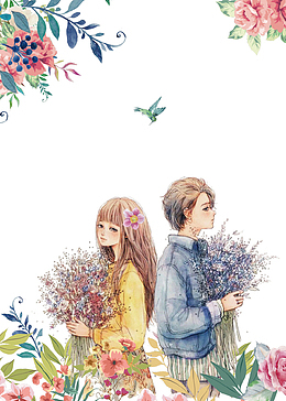 手绘唯美花季情侣插画