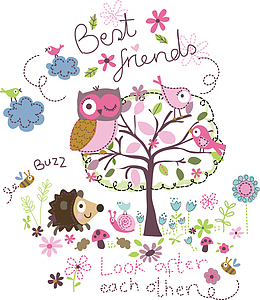 小清新大树小鸟矢量图