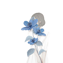 手拿蓝色鲜花的女人手绘插图
