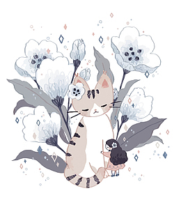 矢量手绘猫和小女孩