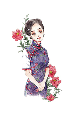 清新手绘女生旗袍花朵气质淑女头