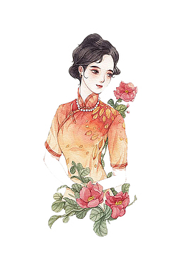 清新手绘女生旗袍花朵气质淑女头