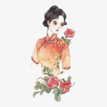 手绘图psdpng古代美女png旗袍女手持玫瑰psdpng女神节红色小清新手绘