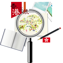 手绘放大镜里的香港旅游景点分布