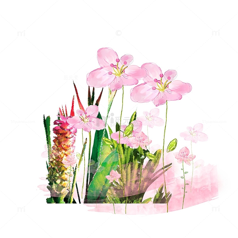 粉色小清新水彩花草装饰图案