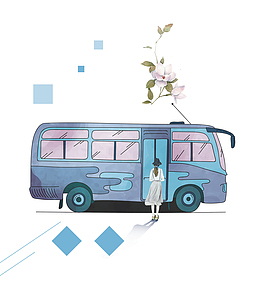免抠卡通手绘坐公交车的女孩