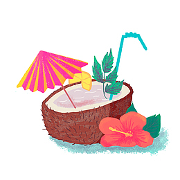 水彩绘夏威夷椰汁和扶桑花矢量图