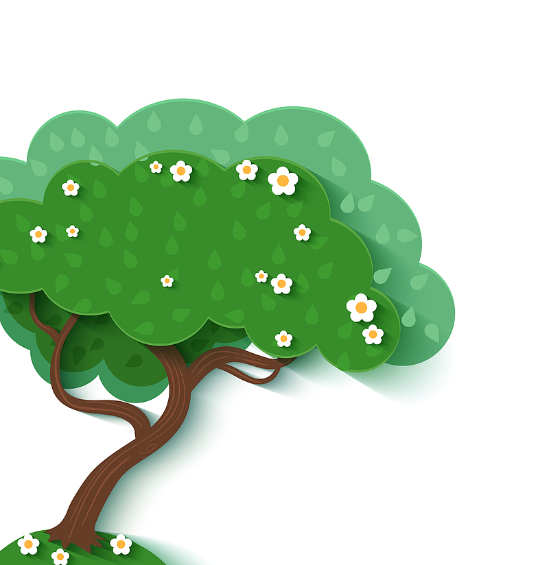 卡通绿色大树点缀花朵PNG下载