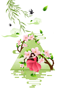 绿色清新春季舞蹈花朵插画