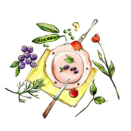 手绘餐桌上的迷迭香美食插画免抠