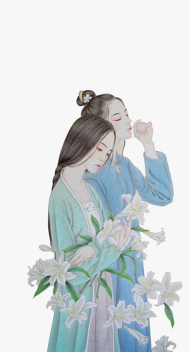 古代抱着花朵的少女