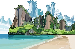 水彩画小岛风光矢量