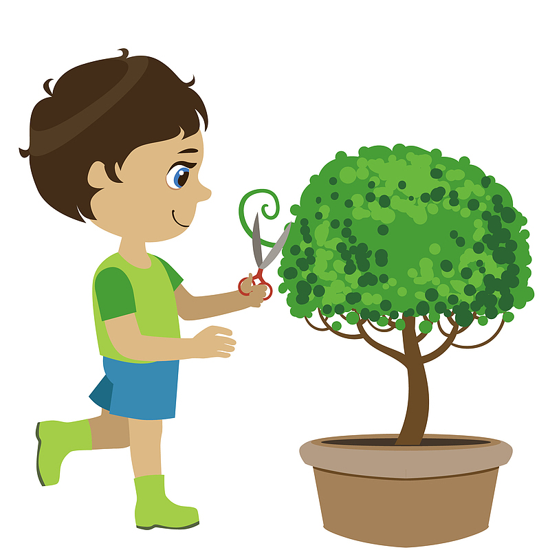 卡通小孩植树节植树修剪树动作矢