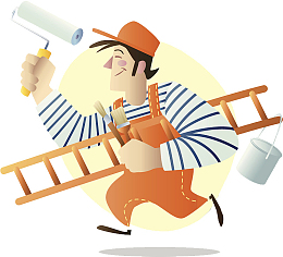 可爱卡通拿着工具的装修刷墙工人