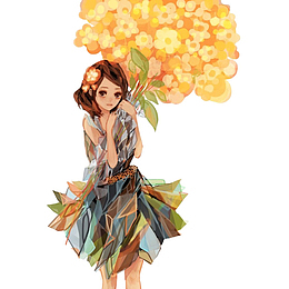 手绘唯美插画拿花的美女